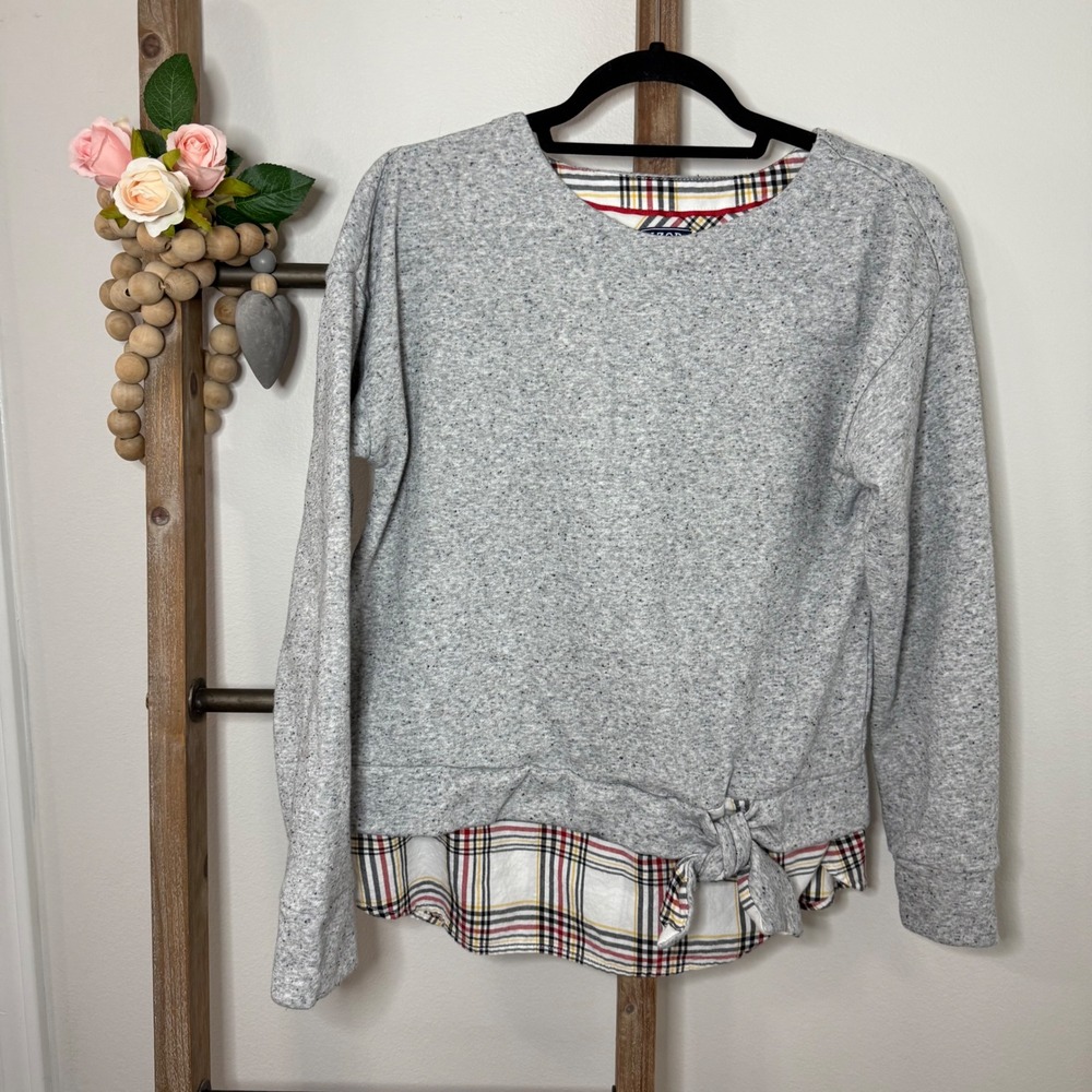 Izod Womens Grey Speckled Sweatshirt Plaid Tie Front Layered Look Size Medium‎